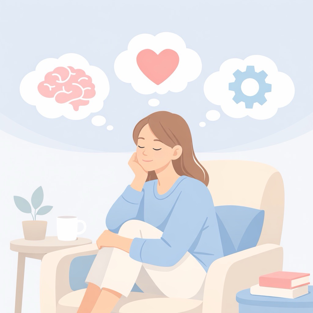 Personne réfléchissant au lien entre pensées, émotions et comportements en thérapie cognitive et comportementale